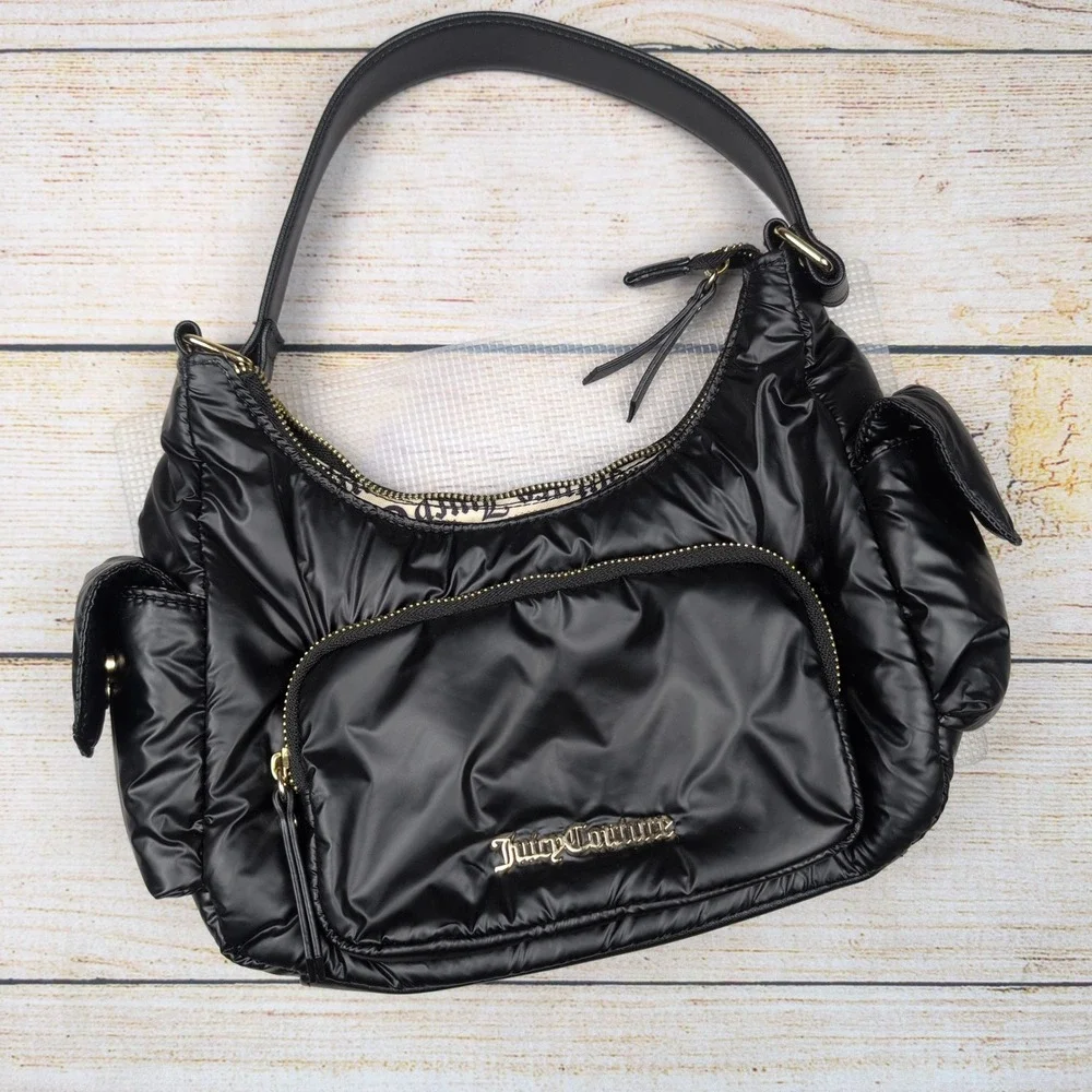 Juicy Couture Black Puffer hobo Shoulder Bag‎ Gold Tone Hardware Lining